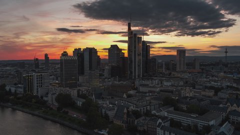 Establishing Aerial View Shot of Frankfurt am Main De, financial capital of Europe, Hesse, Germany, jolly sunset