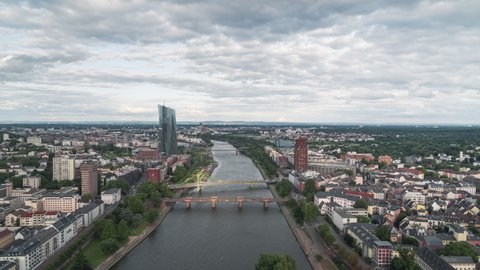 Establishing Aerial View Shot of Frankfurt am Main De, financial capital of Europe, Hesse, Germany, day, push in East part of the city