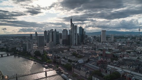 Frankfurt, Germany - circa 2021 - Establishing Aerial View Shot of Frankfurt am Main De, financial capital of Europe, Hesse, Germany, day, push in