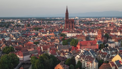 Establishing Aerial View Shot of Strasbourg Fr, capital of European Union, Bas-Rhin, France, Cathedral, soft pretty light