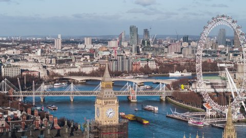 London, Great Britain - circa 2021 - Establishing Aerial View Shot of London UK, United Kingdom, day, city center, Big Ben, River Thames, city skyline, long lens slow moving