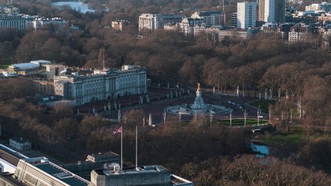 Establishing Aerial View Shot of London UK, United Kingdom,  Buckingham Palace, circling, nice day sunny