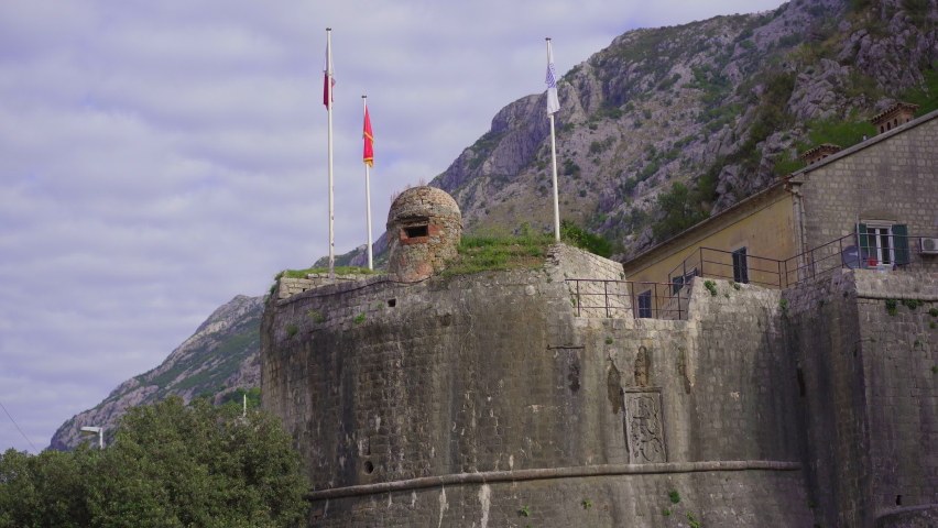 The outer wall of the Old town of Kotor in Montenegro. Travel to Montenegro concept. A world heritage site. Handheld shot
