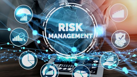 Risk Management and Assessment for Business Investment conceptual . Modern graphic interface showing symbols of strategy in risky plan analysis to control loss and build financial safety .