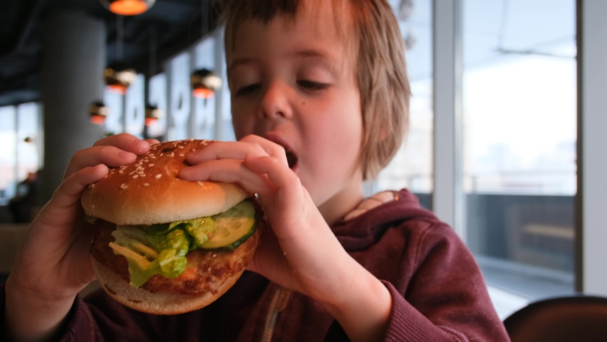 Little boy in fast food cafe eats burger. Portrait of hungry child Cute little kid eating burger. Hungry child in fast food cafe. Close-up boy eating burger. Hungry child in cafe. Lovely boy Royalty-Free Stock Footage #1085235377