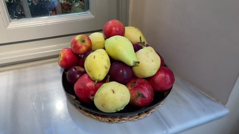 Organic luxury fruit plate amazing composition mixed excellent contrast colors 4K video shooting buying now.