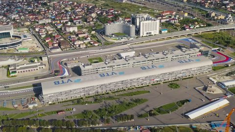 Sochi, Russia - September 6, 2021: Sochi Autodrom. Main stands. Olympic Sochi Park. Morning hours, Aerial View