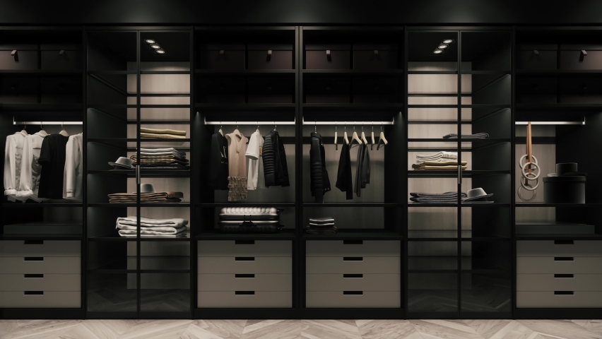 Wardrobe interior. Large wardrobe with different clothes. Fashionable stylish clothes hanging on hangers. 3d visualization Royalty-Free Stock Footage #1085259110