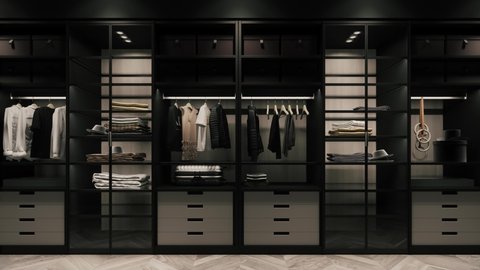Wardrobe interior. Large wardrobe with different clothes. Fashionable stylish clothes hanging on hangers. 3d visualization