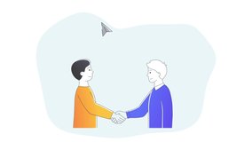 Startup launch video concept. Moving male entrepreneurs shake hands and conclude business partnership agreement. Colorful clip with pop up elements. Graphic animated cartoon in line style for websites