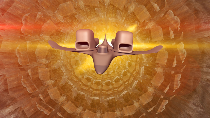 A spaceship in a wormhole loop. 3d animation