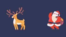 Merry Christmas video concept. Colorful moving clip with pop up Christmas trees, gifts, Santa Claus, Deer and inscription. Greeting card for winter holiday. Graphic animated cartoon for websites