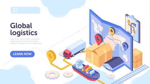 Global Logistics video concept. Colorful clip with moving truck, train, ship and airplane with cargo and parcels. Delivery of goods from different countries of world. Graphic animated cartoon