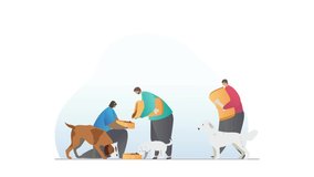 Pet Shelter video concept. Moving volunteers bring food to animal center and feed Homeless dogs. Young men and women take care of small puppies and adopt them. Graphic animated cartoon for website