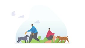 Pet Shelter video concept. Moving men and women do charity work and play with Homeless dogs from animal center. Kind volunteers spend time with puppies and take care of them. Graphic animated cartoon