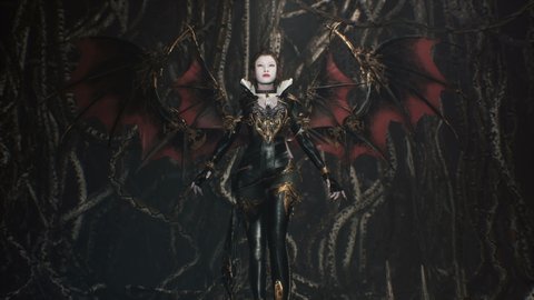 A violent and overbearing vampire walks through her creepy dungeon populated by nightmarish animals and creatures. The concept of ancient vampires. The woman was created using 3D computer graphics.