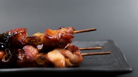 Grilled chicken on a skewer "yakitori" on a plate, Food background, Macro photograph