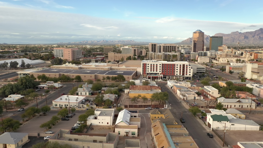 Old Adobe homes of barrio in Tucson Arizona. Drone backwards.