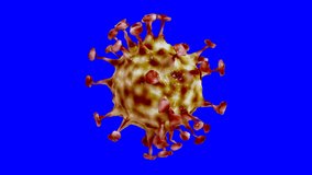 Loopable on Blue Screen: Single rotating orange coronavirus particle isolated on blue screen background. Abstract generic coronavirus 3D animation.
