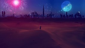 AERIAL. Young woman in traditional arabian dreess - abaya stands on the mounting at the desert and looks on the fantastic fireworks show at the modern Dubai city. - Powered by Shutterstock - Get 15% off with code: PIKWIZARD15
