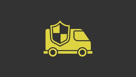 Yellow Car with shield icon isolated on grey background. Insurance concept. Security, safety, protection, protect concept. 4K Video motion graphic animation.