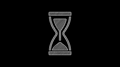 White line Old hourglass with flowing sand icon isolated on black background. Sand clock sign. Business and time management concept. 4K Video motion graphic animation .