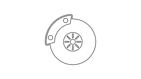 Black line Car brake disk with caliper icon isolated on white background. 4K Video motion graphic animation.