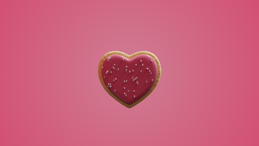 Valentine’s Day festive heart shaped pink sugar cookies abstract explosion. Bright pink colored background. Realistic sweet candies. Handmade valentines Celebrative greetings. 3D Render 4K animation