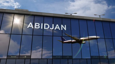 Plane landing at Abidjan, Ivory Coast 3D rendering animation. Arrival in the city with the glass airport terminal and reflection of the jet aircraft. Travel, business, tourism and transport concept.
