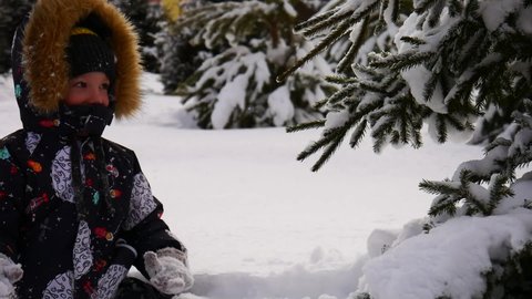 A little boy hitting the fir tree branches with his hand brushing the snow off them close-up