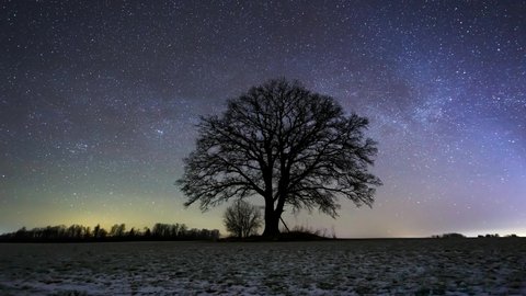 Starry constellations motion and rotating stars on winter night sky, universe outer space field 4k, slider timelapse movie