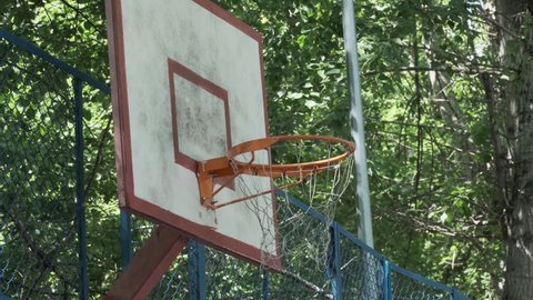 Basketball hoop on outdoor playground surrounded by flying white poplar fluff summer seasonal allergen. Cottonwood green tree at city park natural environment flora. Active sports outside equipment