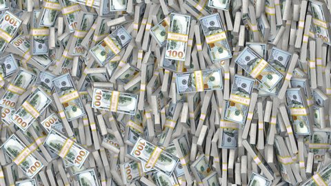 Bundles of US dollars falling from above. Pile of money on black background. Vertical video 16-bit depth
