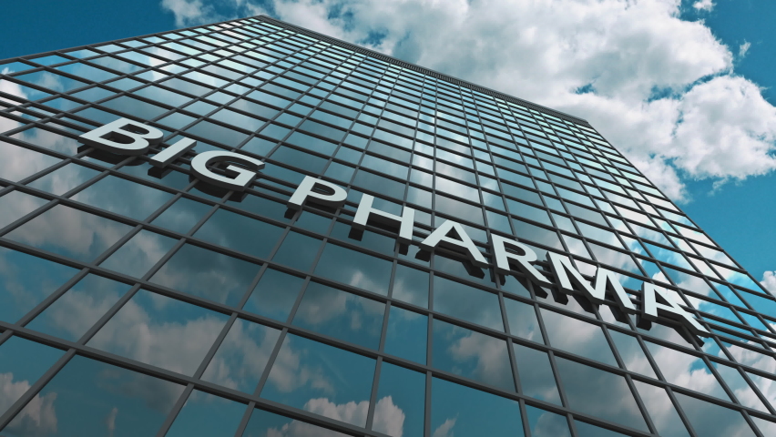 BIG PHARMA signboard on a modern skyscraper reflecting flying airplane. 3D animation Royalty-Free Stock Footage #1085304563
