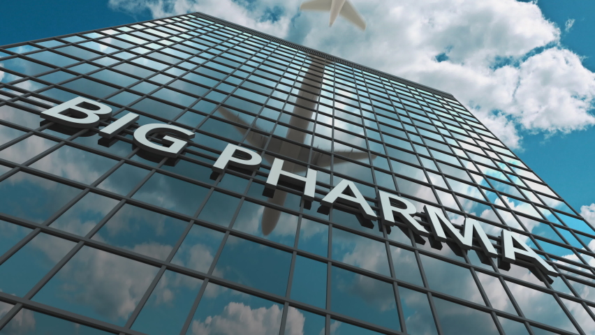 BIG PHARMA signboard on a modern skyscraper reflecting flying airplane. 3D animation | Shutterstock HD Video #1085304563