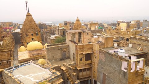 Jaisalmer, India - January 5 2022: View of Jain temple and living fort of golden city Jaisalmer.