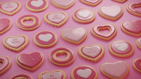 Valentine’s Day festive heart shaped sugar cookies with patterns, “Be mine” signs. Bright pink background. Realistic sweet candies. Handmade valentines, greetings. Seamless loop 3D Render 4K animation