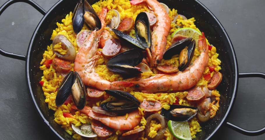 Spanish paella with shrimps and chorizo Royalty-Free Stock Footage #1085307194
