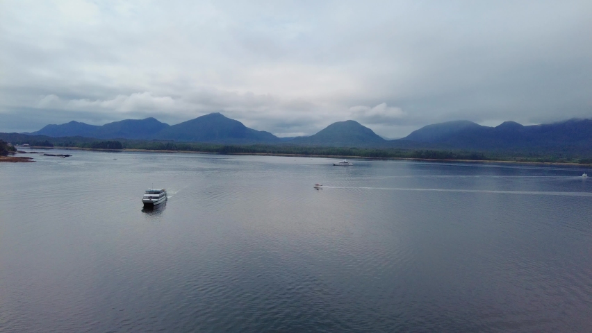 Floatplane taking off from frigid water of harbor in Ketchikan, Alaska, USA