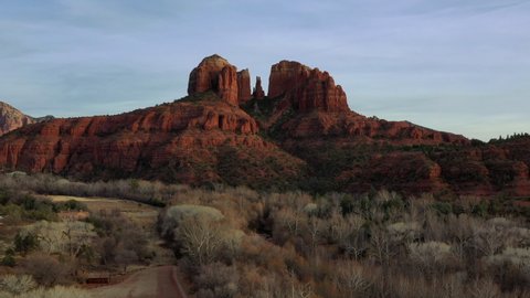 Drone view flying towards Cathedral Rock in Sedona Arizona.