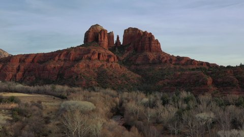 Beautiful red rock formations in Sedona Arizona. A drone flight headed towards Cathedral Rock.