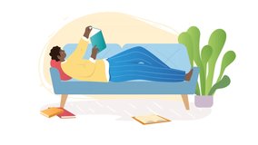 Literature fans video concept. Young moving man lying on comfortable soft sofa, reading interesting novel and flipping through pages. Male character with book. Graphic animated cartoon for websites