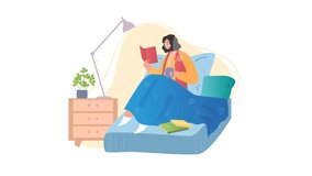 Literature fans video concept. Young moving woman lying on bed, drinking hot coffee and reading interesting book or novel. Smart female character learning. Graphic animated cartoon for websites