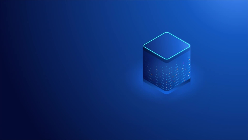 Digital protection mechanism video concept. Digital clip with pop up large shield protecting personal data and information in cloud storage. Safety internet technology. Graphic animated cartoon