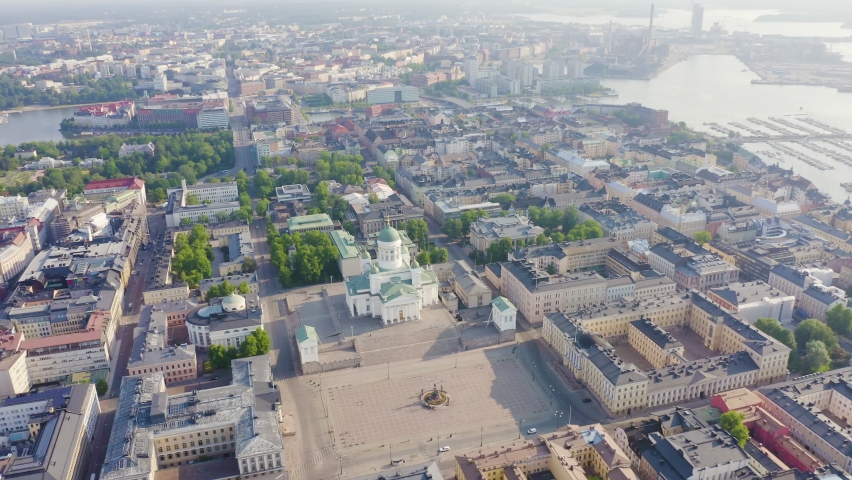 Inscription on video. Helsinki, Finland. City center aerial view. Helsinki Cathedral. Senate square. Name is burning, Aerial View, Point of interest