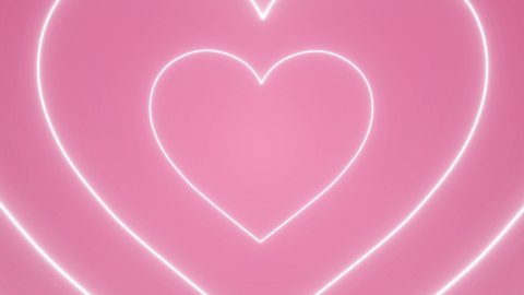 Seamlessly looping hypnotic neon heart shaped tunnel on pink background psychedelic 4K animation wallpaper background.
