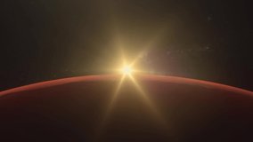 Sunrise on Mars. View from space. Realistic surface of Mars. Bright shine over the red planet. Solar planet footage. 3D Render illustration - Powered by Shutterstock - Get 15% off with code: PIKWIZARD15