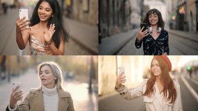 Collage of diverse people video chatting online while traveling. Interracial people have a video call while walking down the street.
