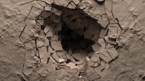 Sand color rocky stone floor surface cracks, breaks into pieces and falls into a hole revealing a black background. 3D animated intro, alpha channel as matte mask included.