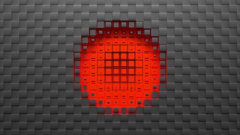 Red voxels cut out of carbon screen, form circular hole and reveal black background. Abstract 3D animated intro. Alpha channel as matte mask and chroma key color id included.
